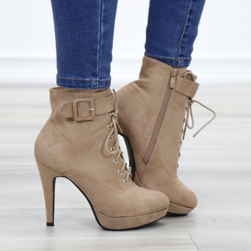 Tan Faux Suede Heel Lace-Up Ankle Booties - Picture 2 of 14